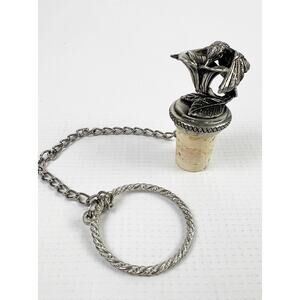 Vintage Wine Bottle Stopper Pewter Hummingbird Natural Cork Chain And Ring